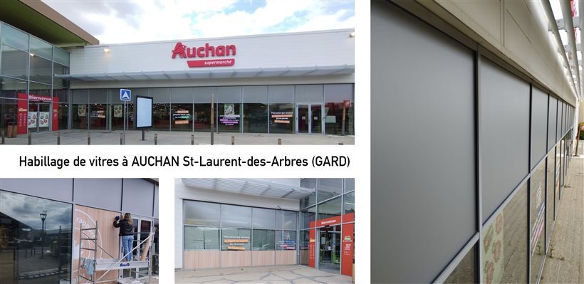 Pose d’adhésif au magasin Auchan de Saint Laurent es Arbres dans le Gard